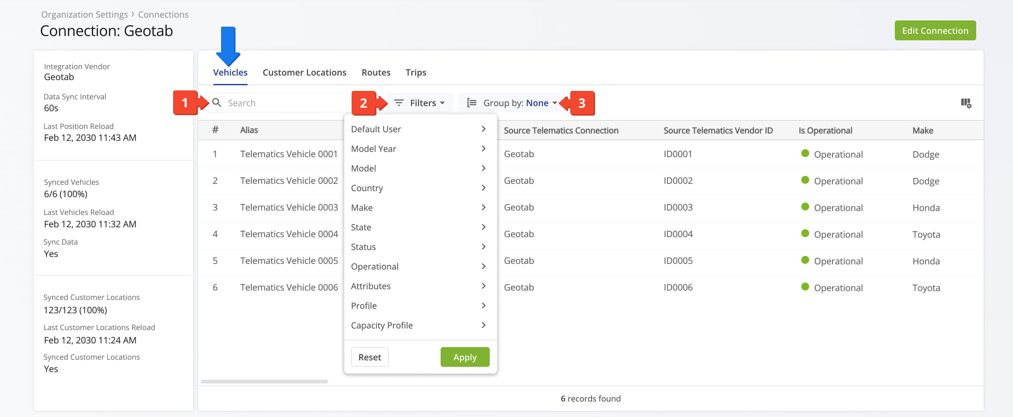 The Vehicles Tab provides an overview of all vehicles associated with your telematics connection.