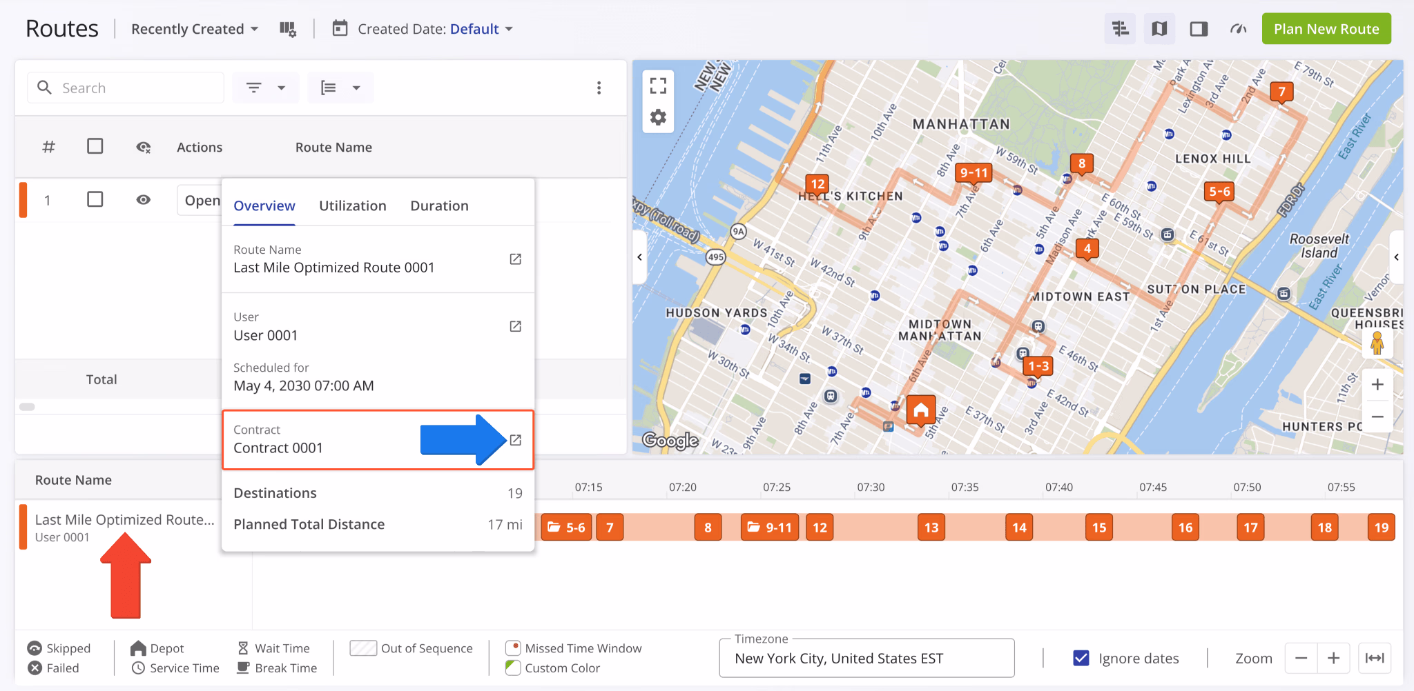 A new Contract field was added to the Route Summary popover when you hover over a route in the Routes Timeline.