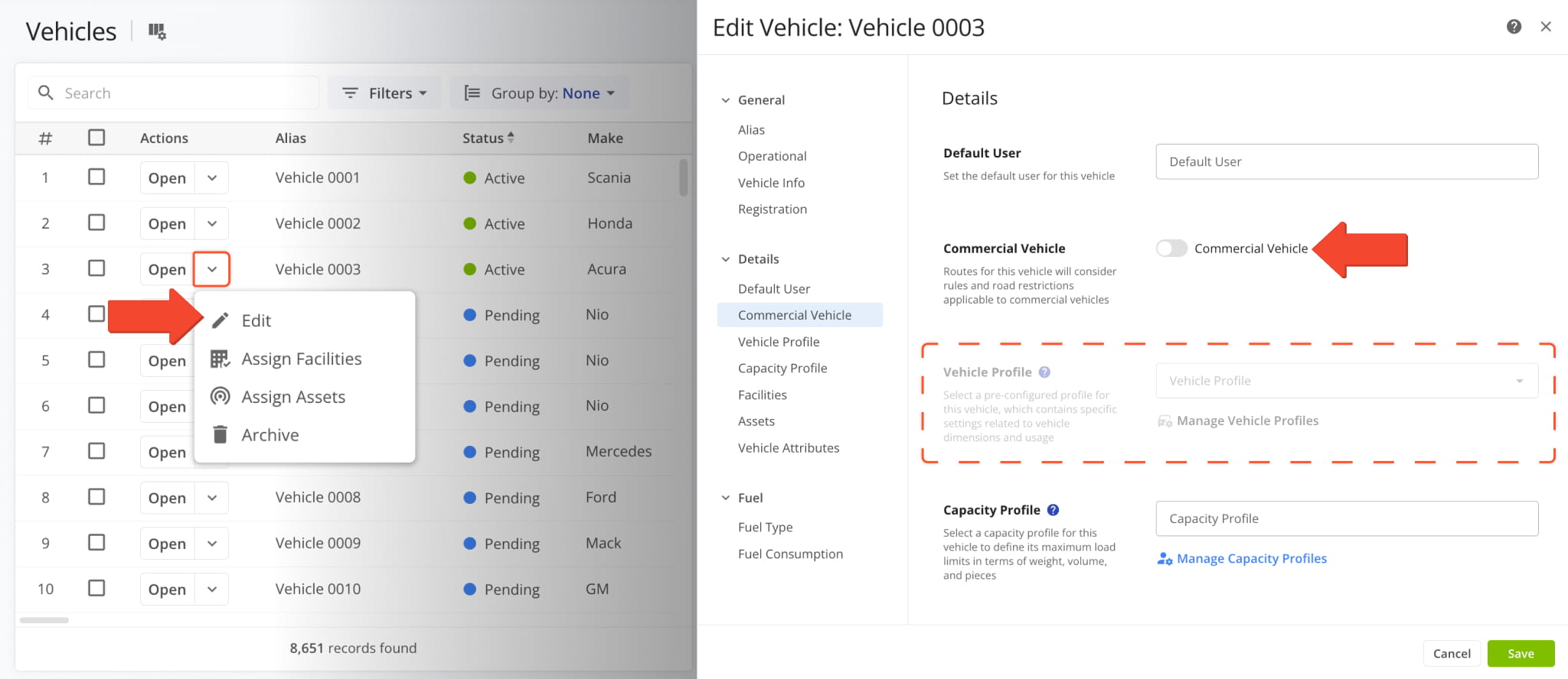 Vehicle Profiles are grayed out unless Commercial Vehicle is enabled.