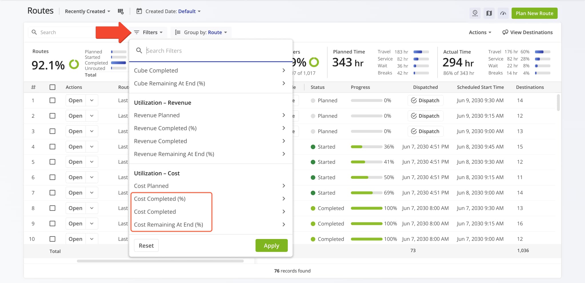 The Utilization - Cost filter category on the Routes Page was expanded with additional filter options.