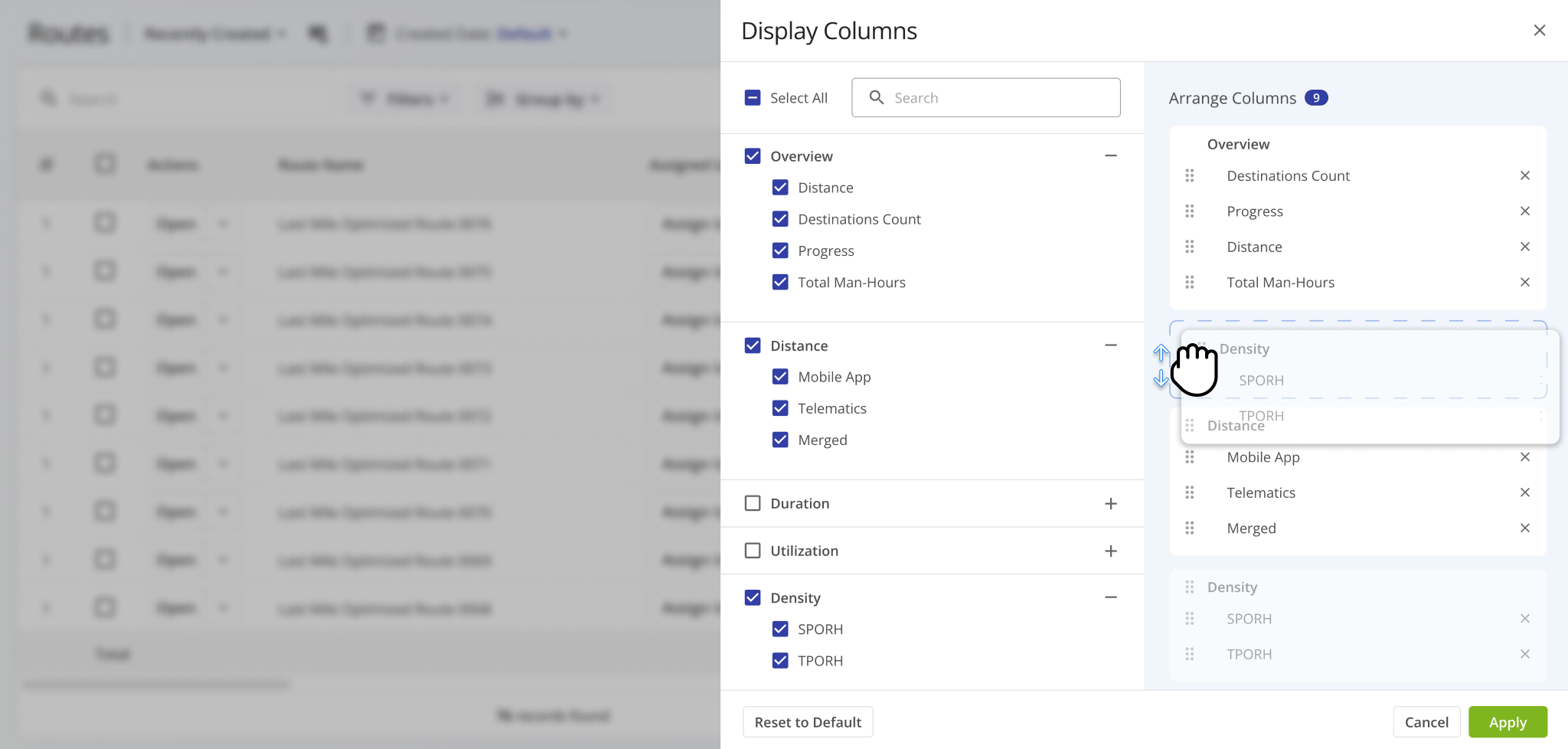 This update groups Route Metrics column on the right according to their data categories. This enables you to click and drag category names to arrange entire groups relative to each other.