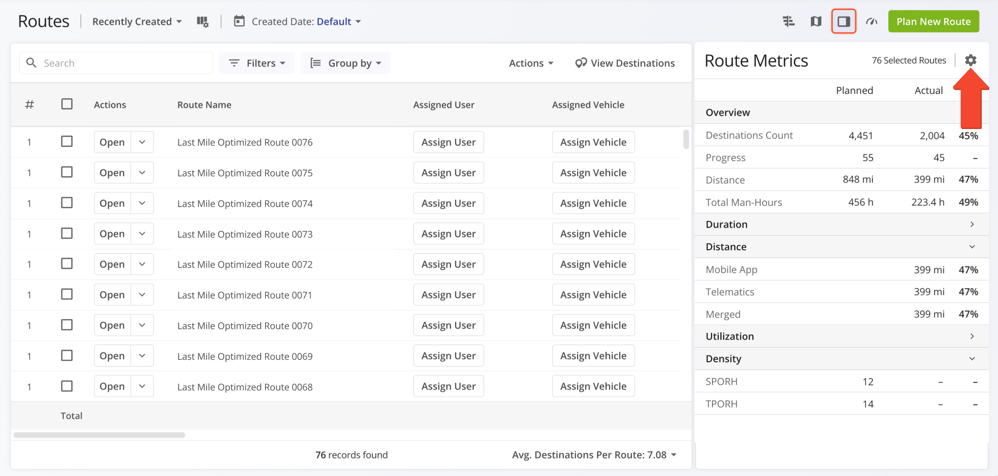 The Route Metrics interface on the Routes Page was updated with new data customization functionality.