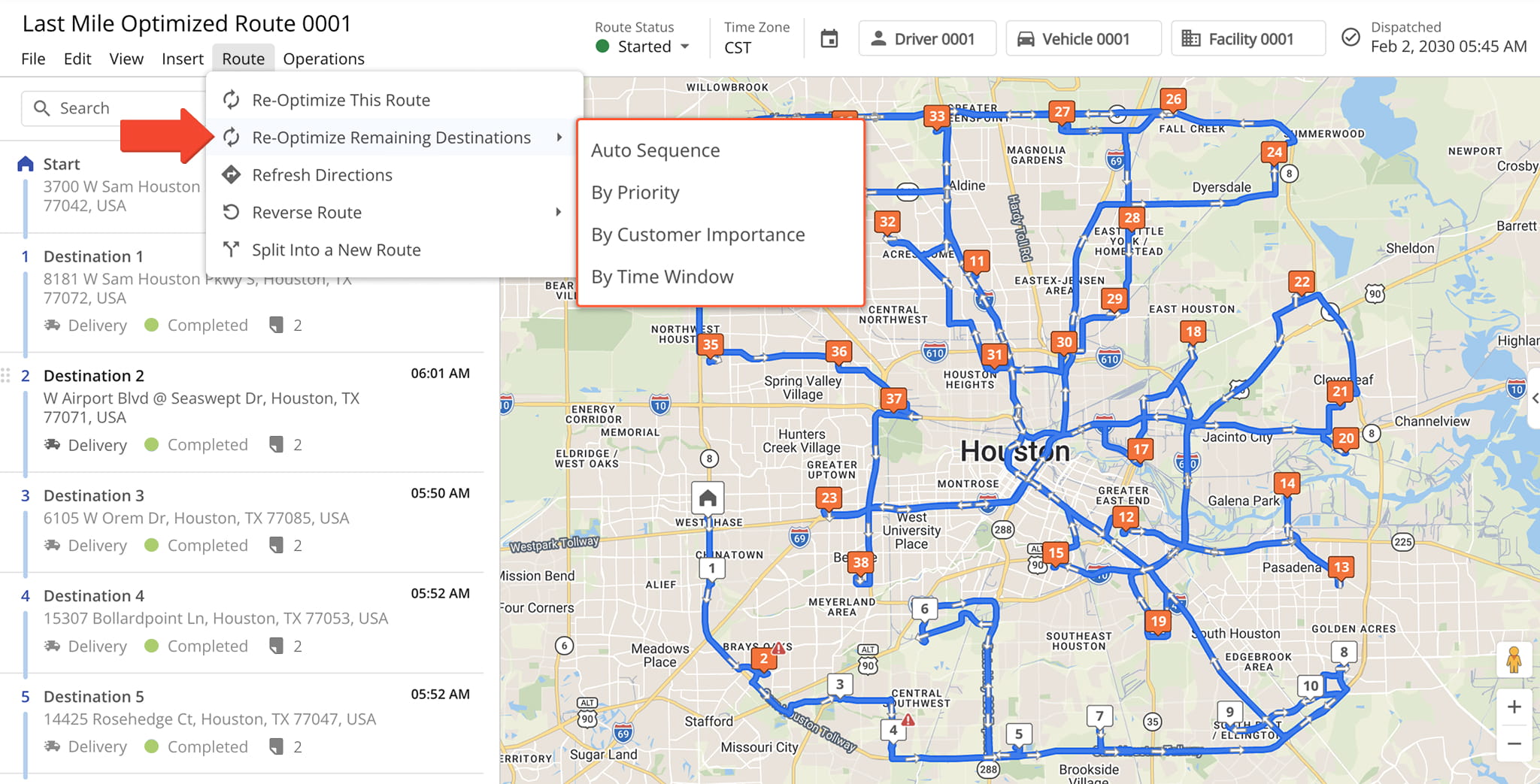 A new sub-menu was added when selecting Re-Optimize Remaining Destinations in the Route Editor.