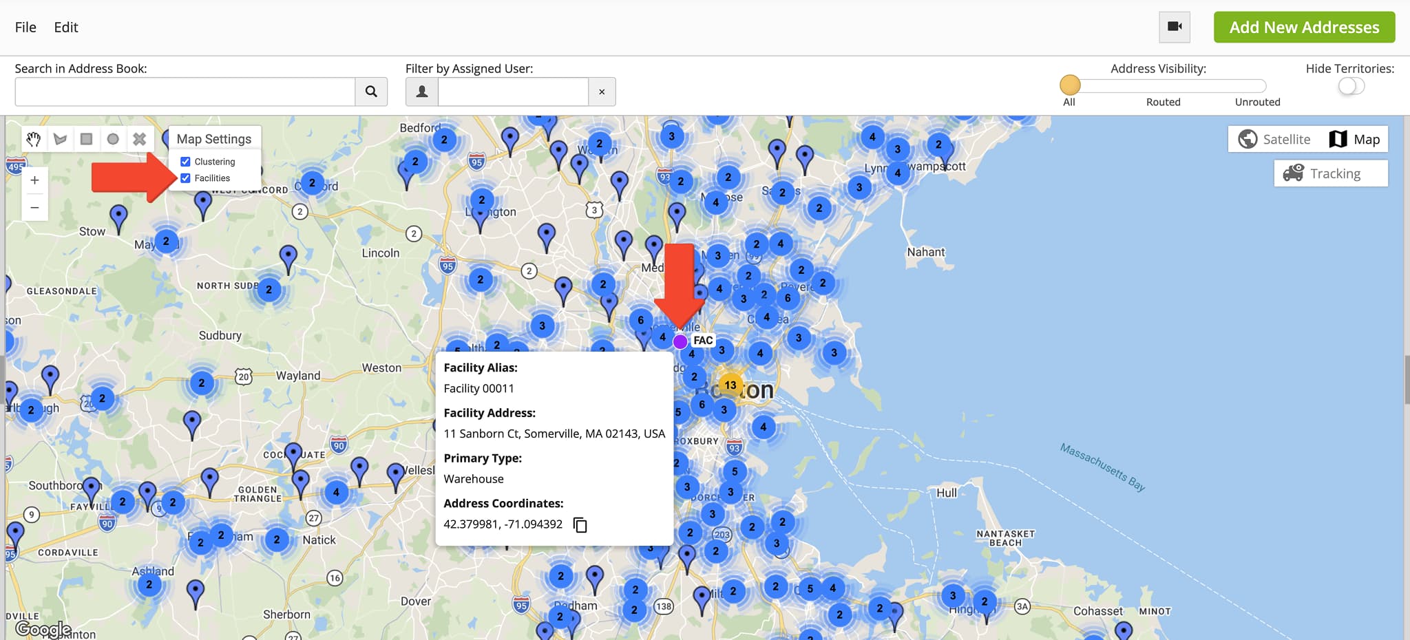 Facilities shown on the Address Book Map have a new map marker that improves their visibility.