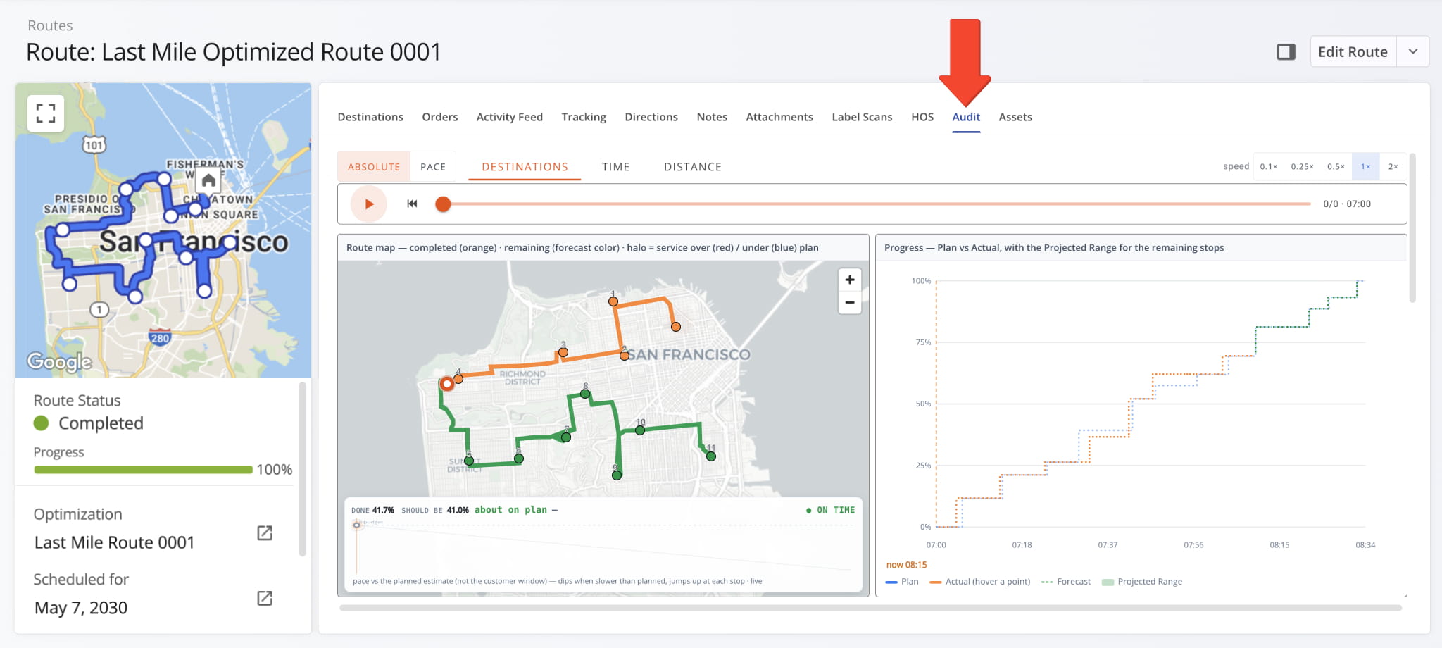 A new Audit tab was added to Route Snapshots. You can use it to compare planned performance against actual route progress.