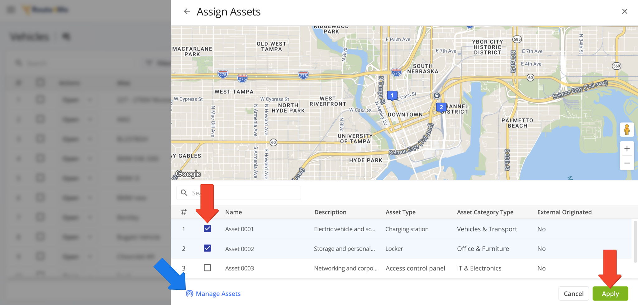 You can select Assets to assign to the Vehicle by checking the boxes next to them.