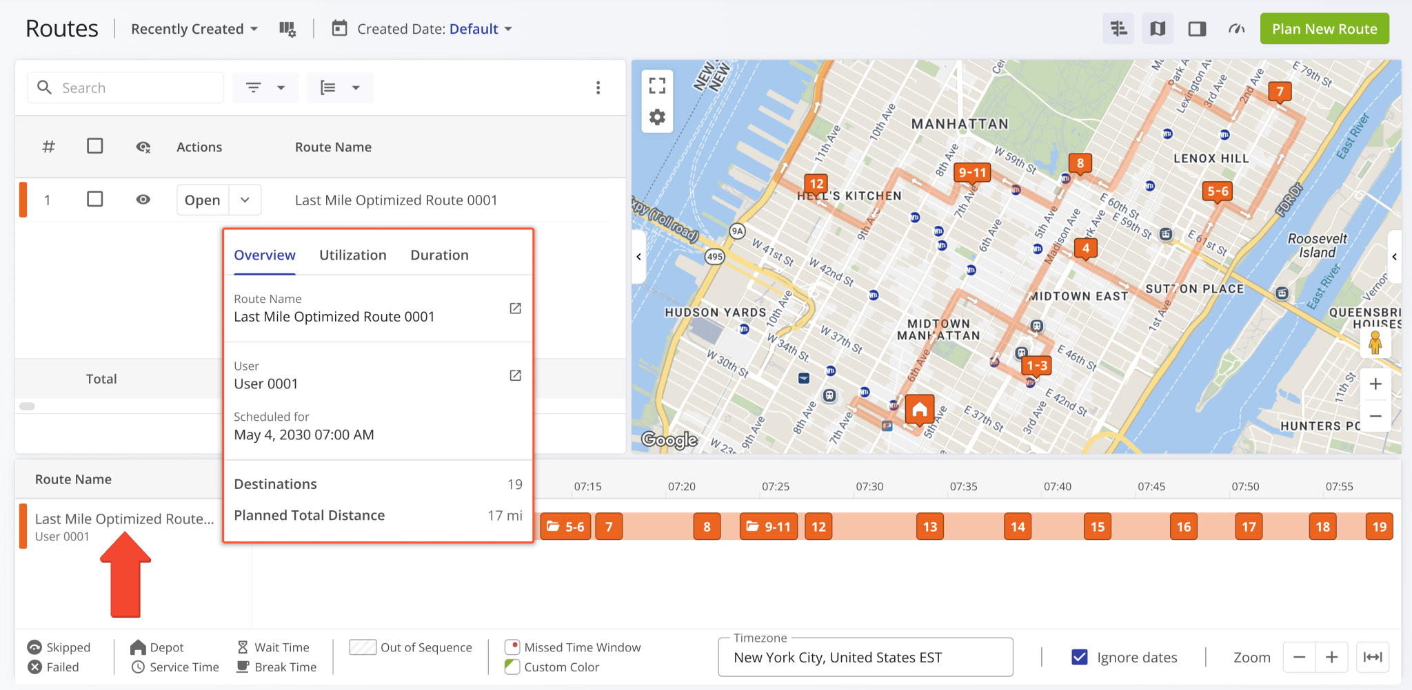 An interactive route summary popover was added to the Routes Timeline. Now, when you hover a route