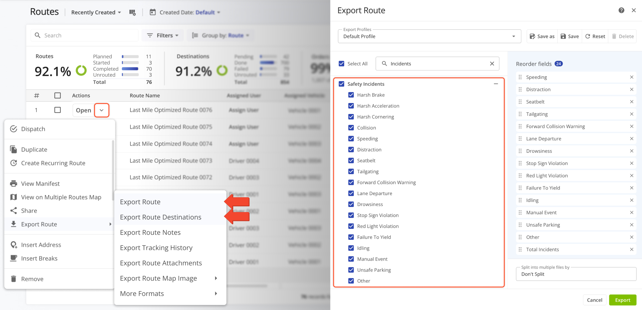 Route Safety Incidents were added to the Routes Page as new Export Columns.