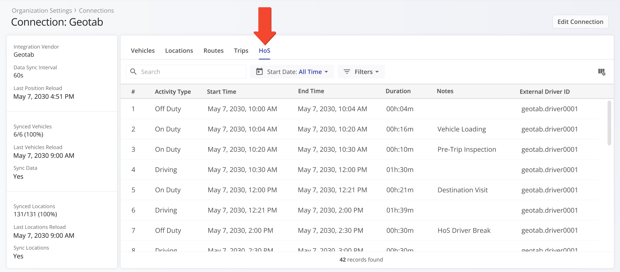 A new HoS section was added to Connection Snapshots. It shows synced hours of service events.