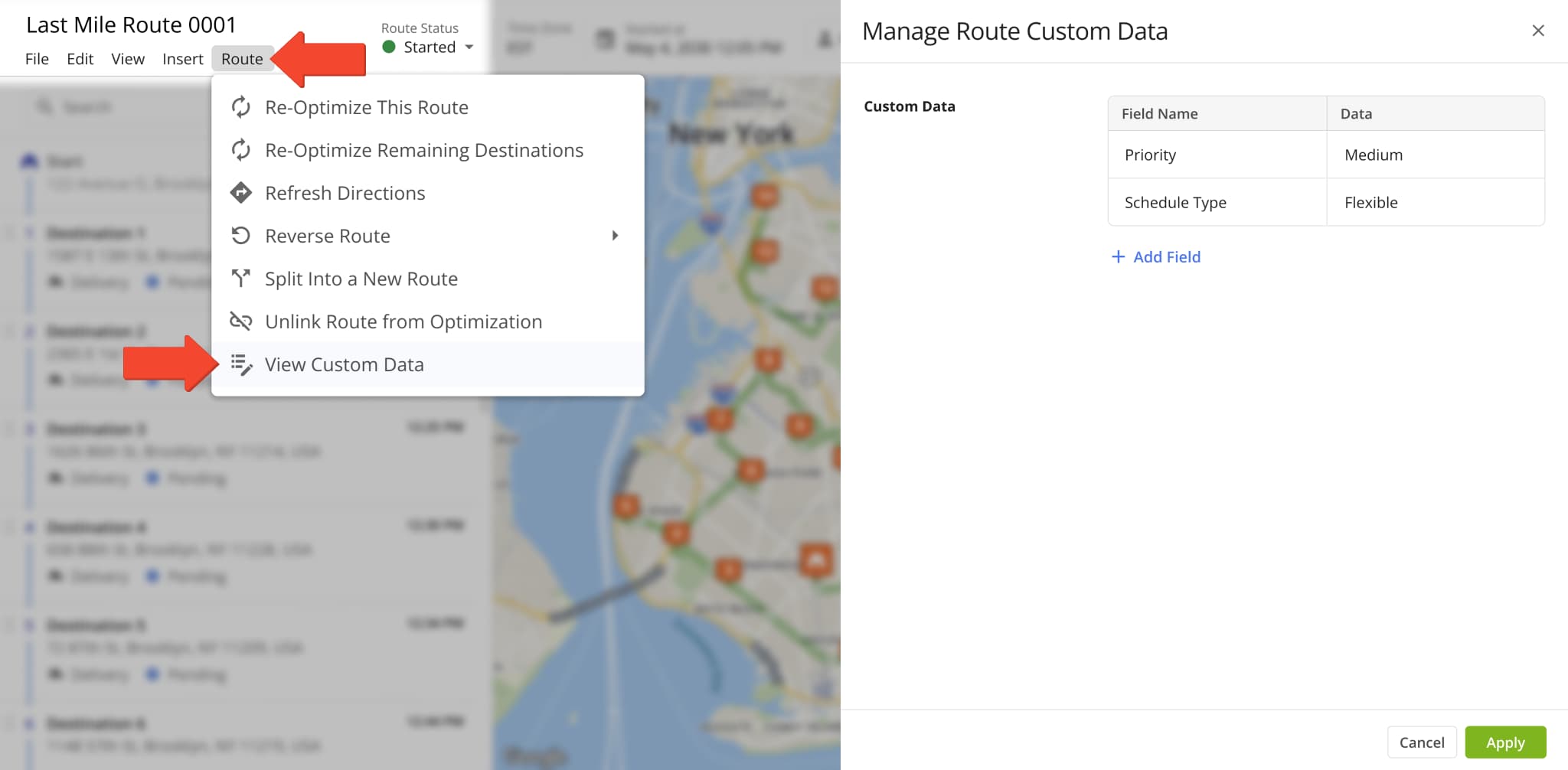 You can now open, add, and manage Custom Route Data directly from the Route Editor.