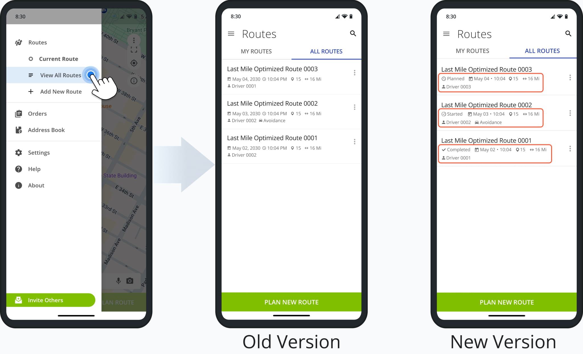 The Mobile Routes List on the Route4Me app has been updated to show route statuses and condensed schedule information.