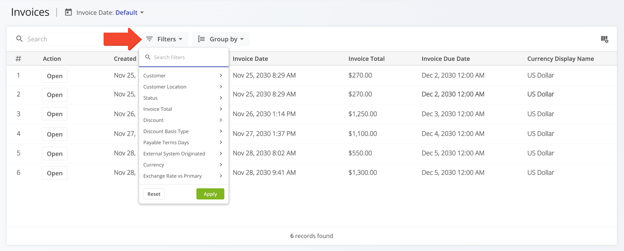 Filter options on the Invoices Page were revised, and a new Customer Location filter was added.