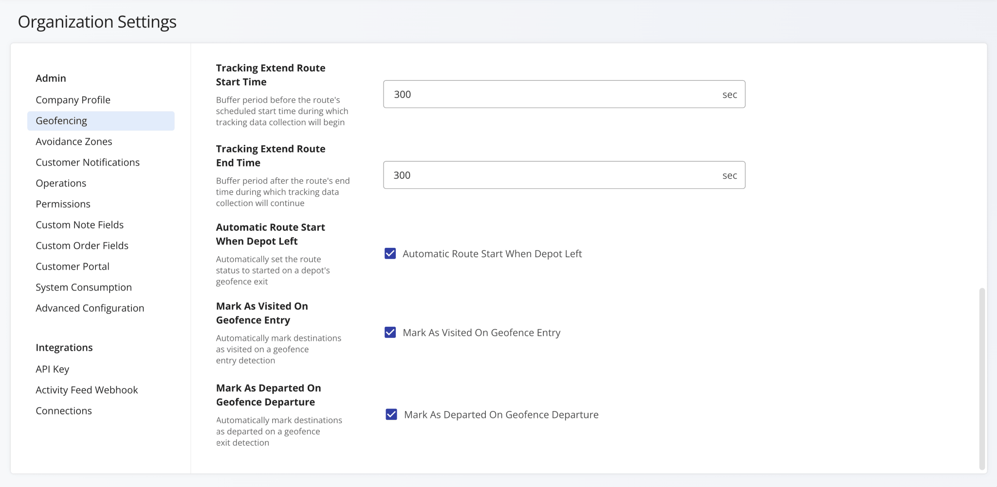 Additional Geofencing Settings were added to the Organization Settings page.