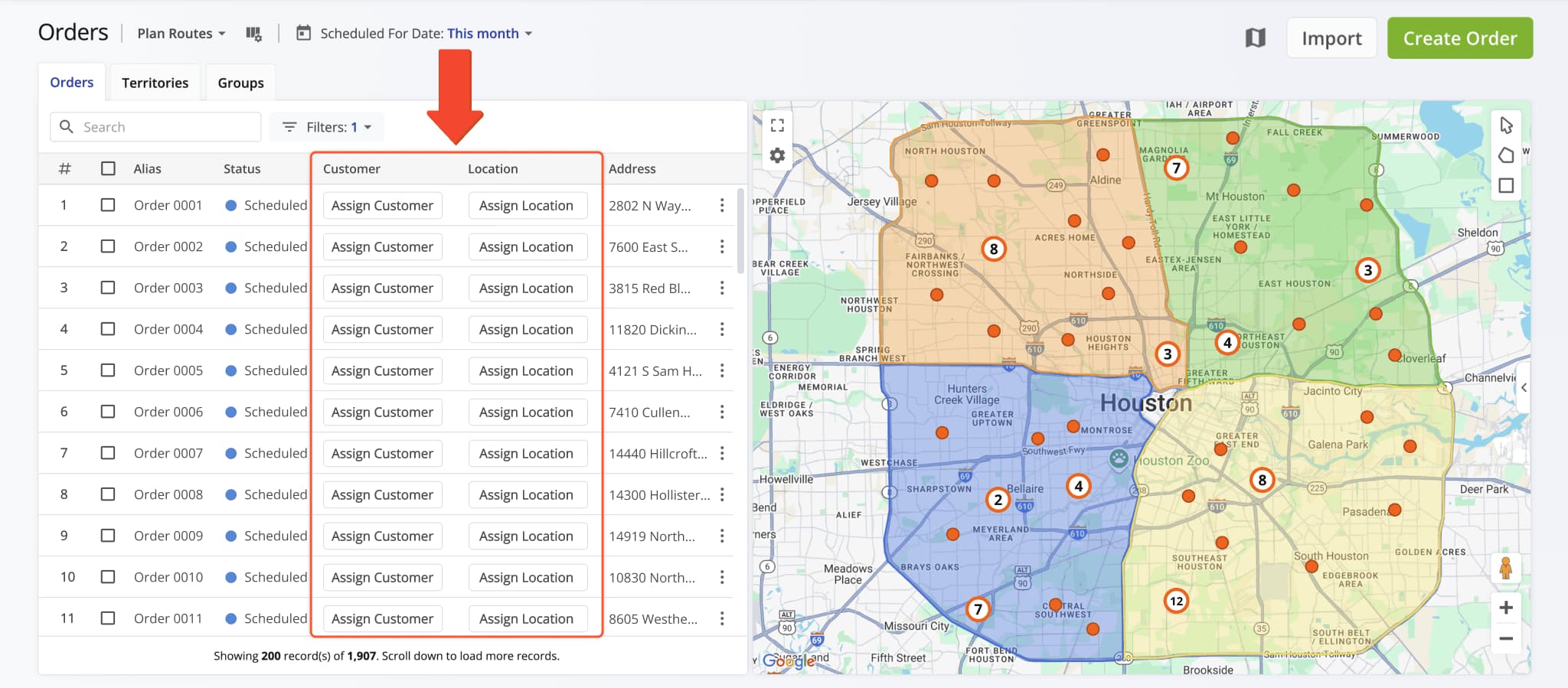 You can also directly assign Customers and Locations to Orders from the Orders List in the respective columns.