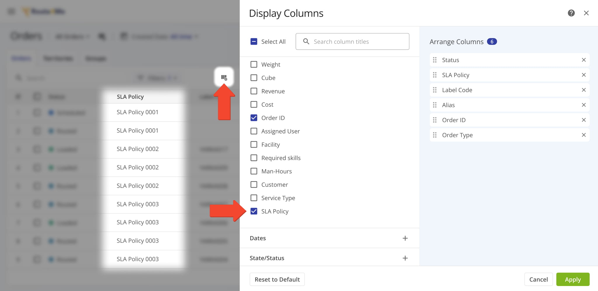 A new SLA Policy display column was added to the Orders Page. It shows the Service Level Agreement Policies associated with orders on your account.