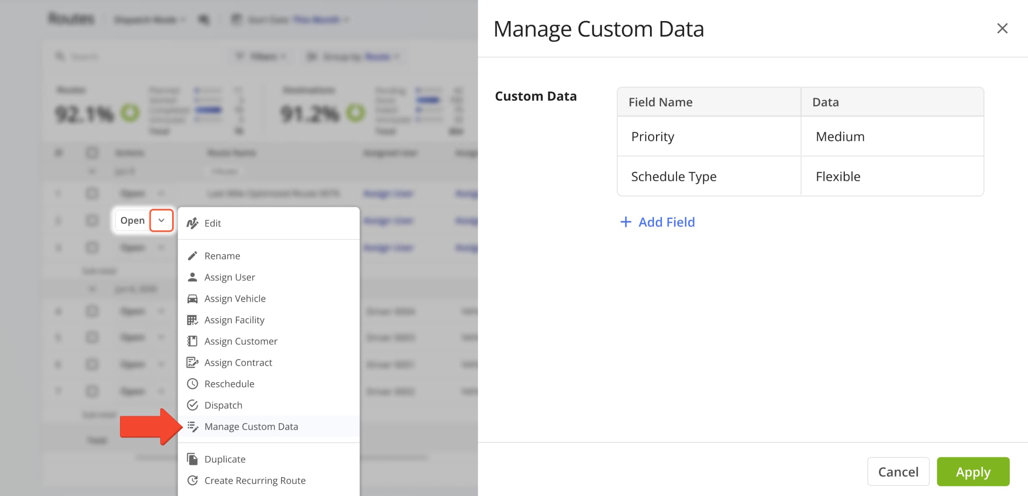 The Manage Custom Data interface on the Routes Page was changed from a popover to a full side panel. This update makes it easier to see and manage more Custom Route Data fields than before.