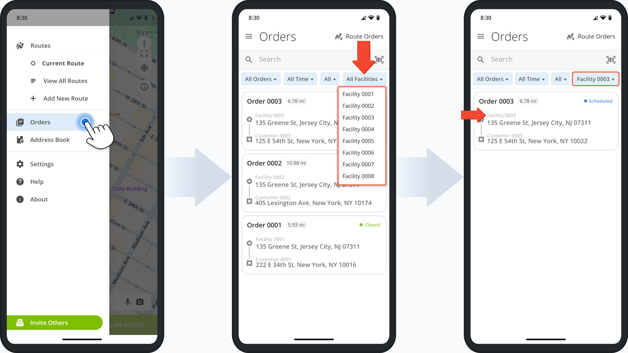 The Orders List on the Route4Me route planner app for Android was updated with a new Facilities filter.