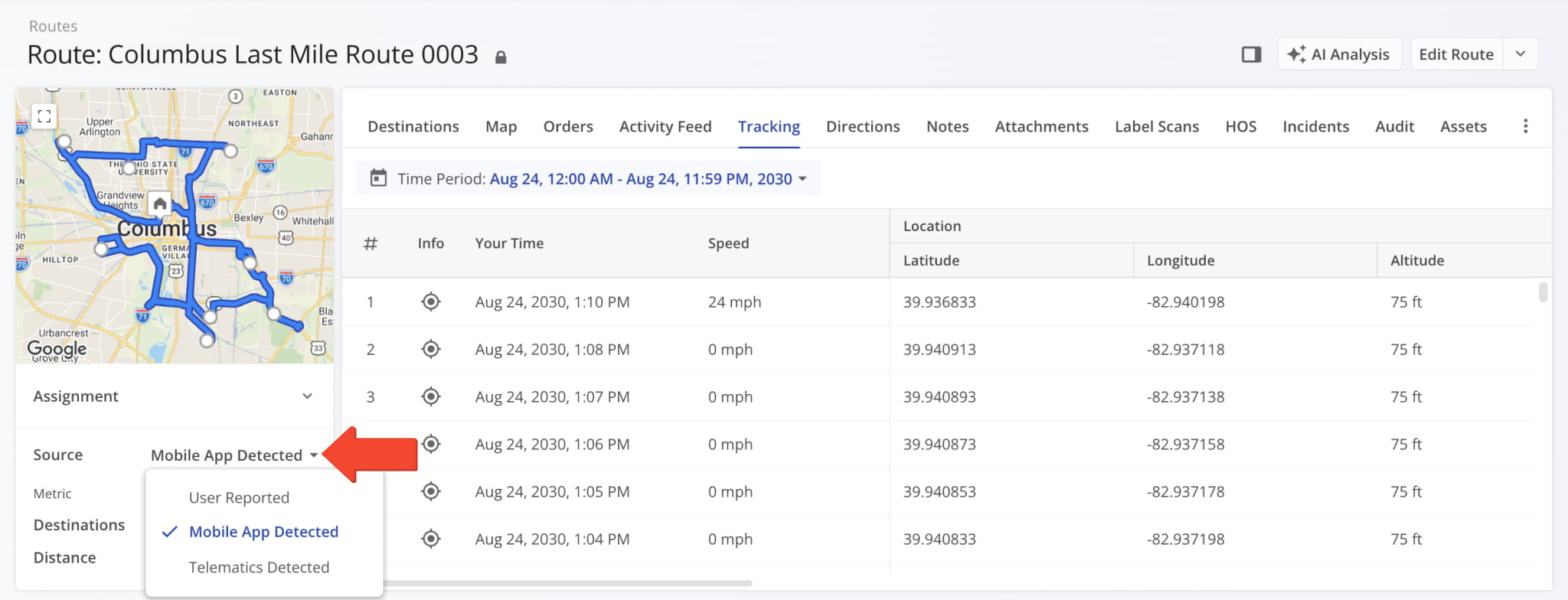 Tracking data source selection in a Route Snapshot.