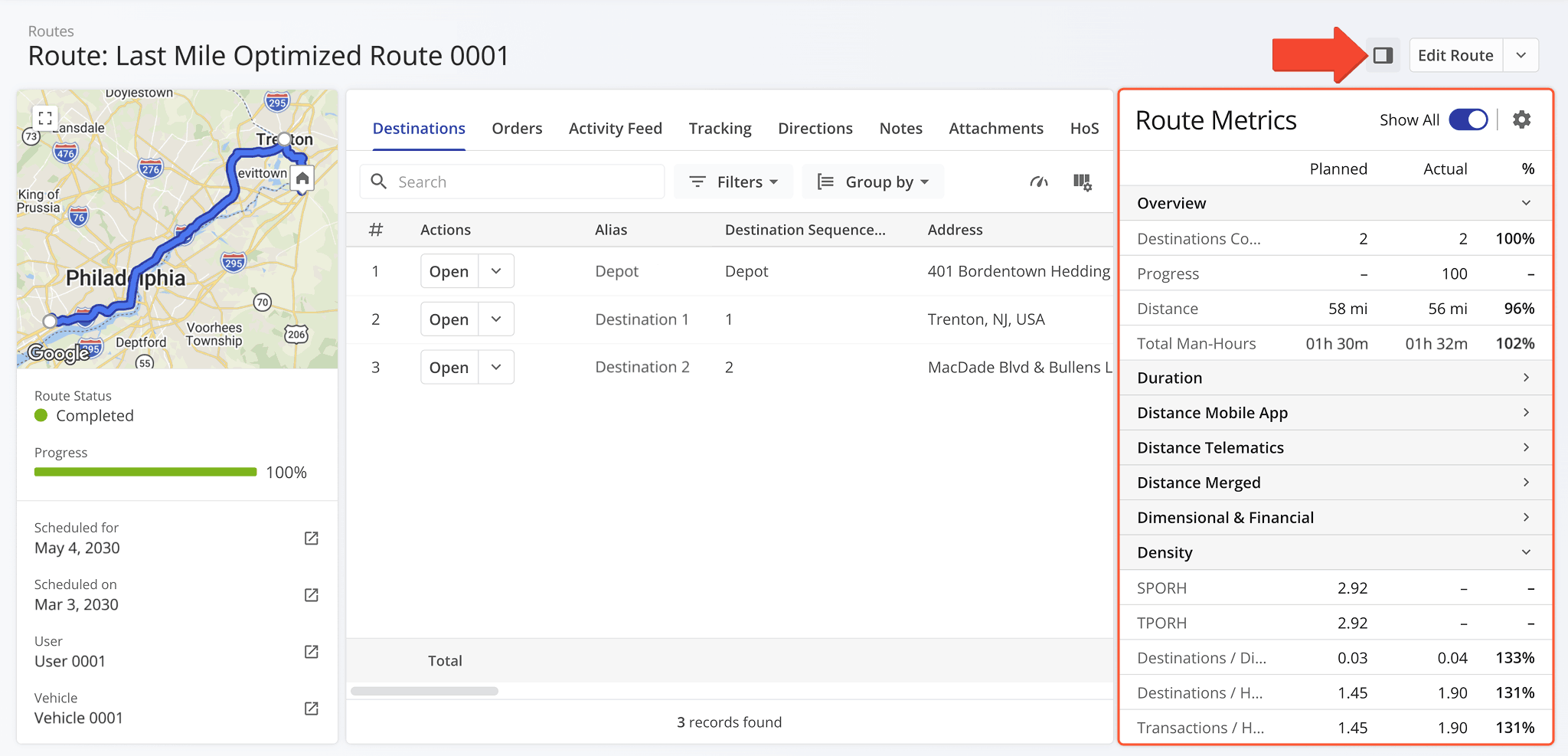 The Route Metrics panel was added to the Routes Snapshots. It shows planned and actual route data and percentages.