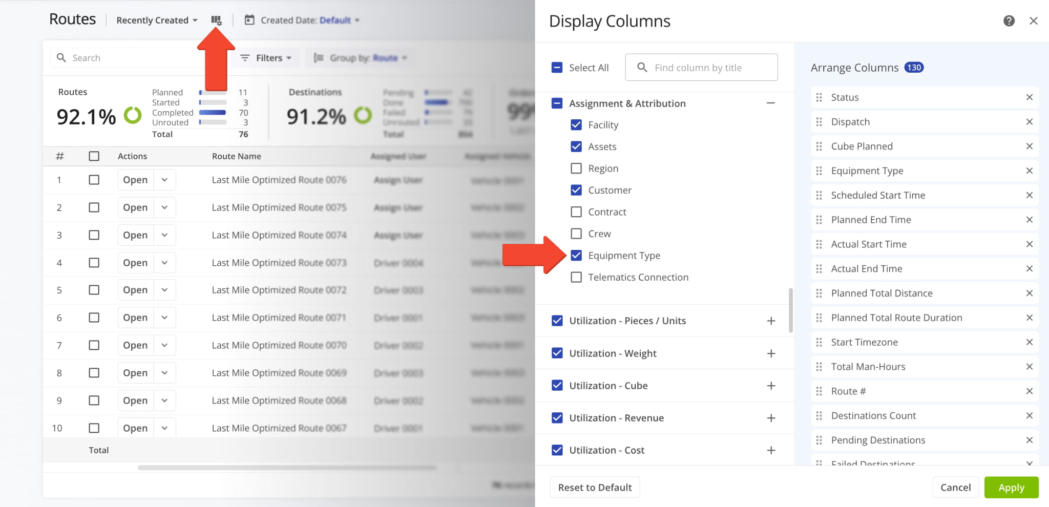 You can now see which Equipment Types are assigned to a route using a new Display Column.