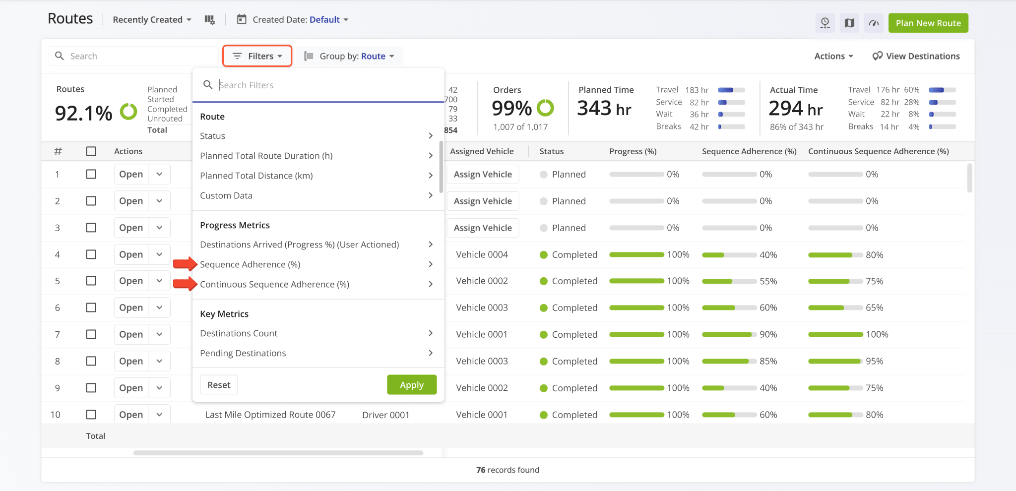 The Routes Page now supports route sequence adherence filters.