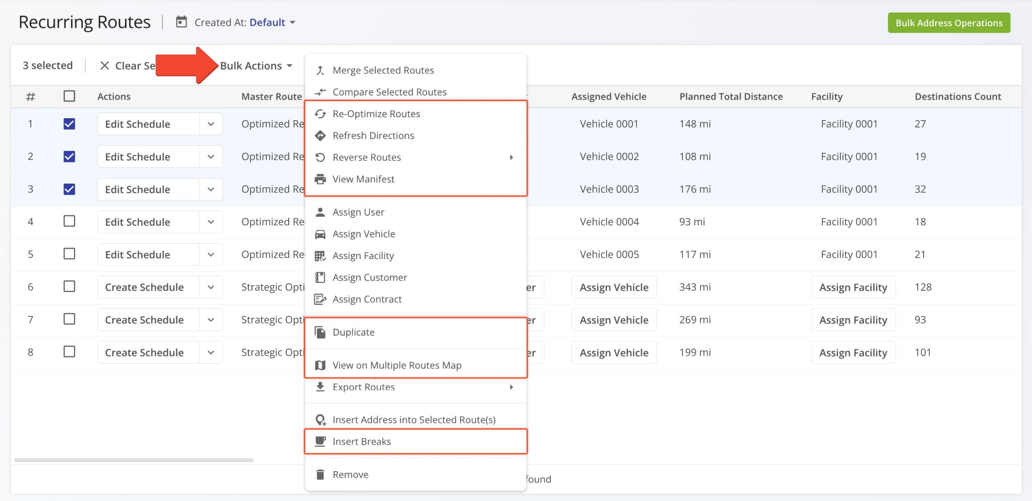 New bulk management actions were added to the Recurring Routes page.