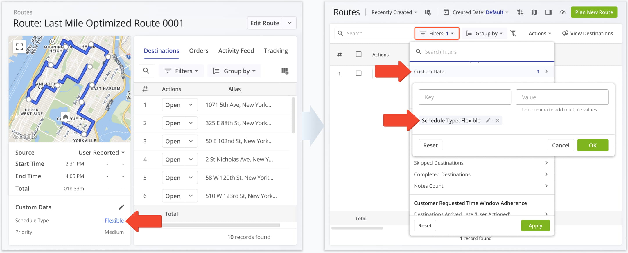 You can also click a Custom Data value in the Route Summary to open and automatically filter the Routes Page to show only routes with the corresponding Custom Data field and value.