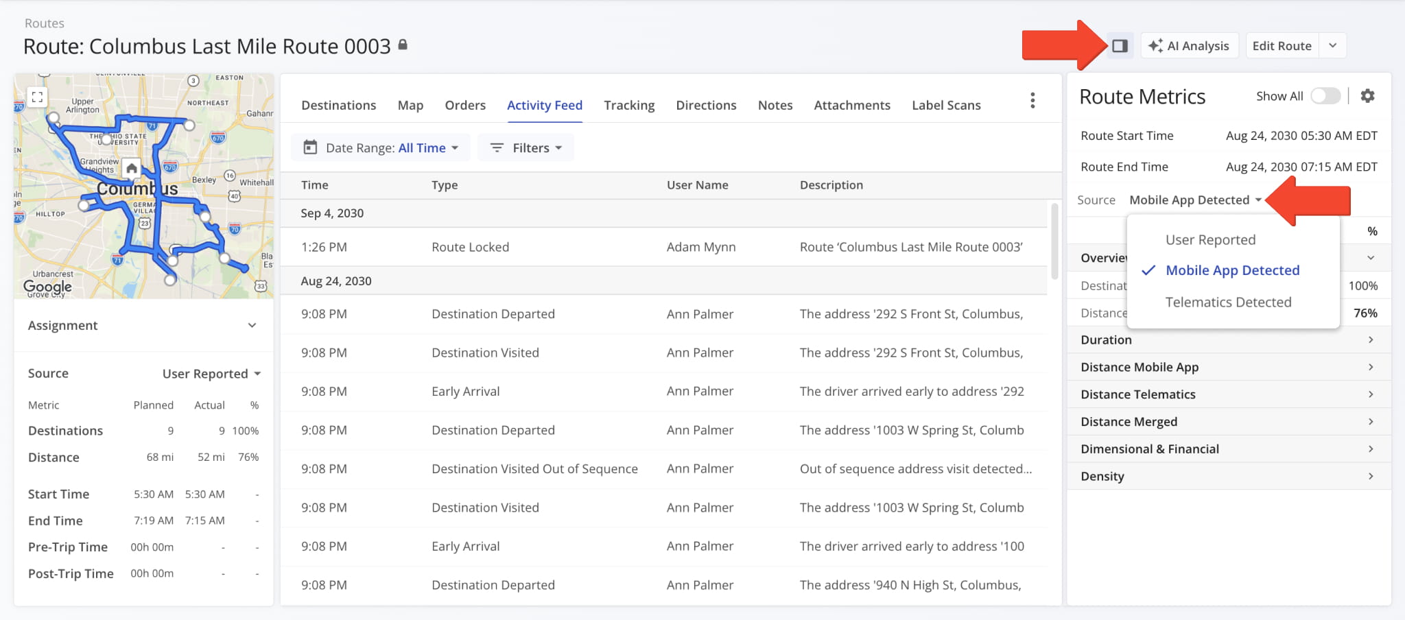 Route Snapshot Route Metrics tracking data source menu.