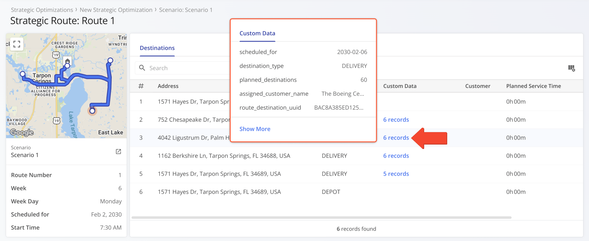 The Custom Data column in Strategic Route Snapshots was updated to show a new dynamic popover showing the Custom Data values.