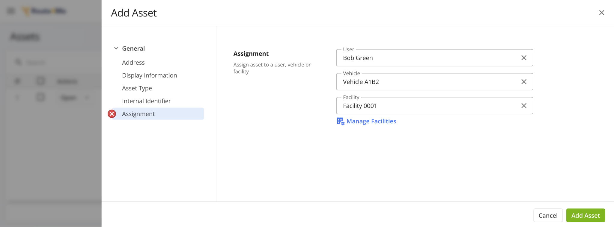 Instead of assigning Assets to entities like Users, Vehicle, Facilities, etc. from the Assets Page, you can now assign Assets from each entity