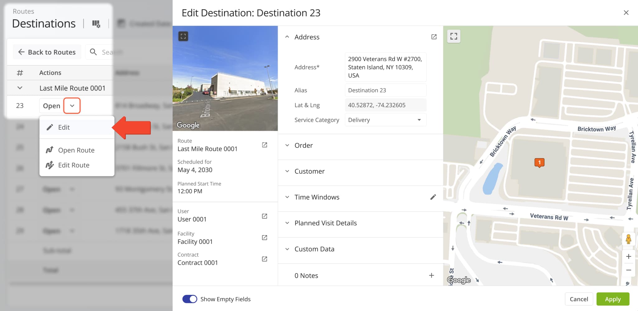 The Edit Destination panel, previously only accessible from the Routes Page, can now be opened directly from the Destinations List.