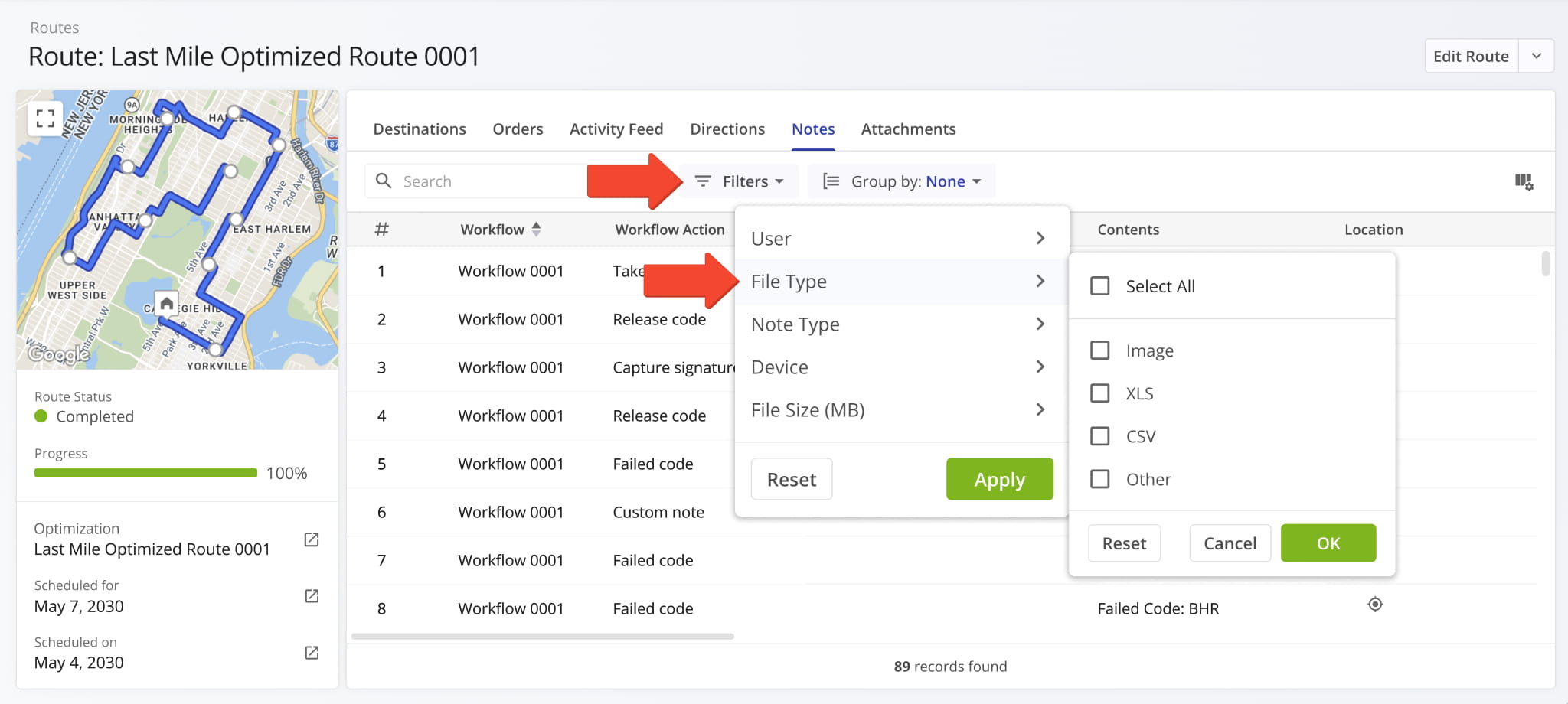 The File Type filter in the Notes tab of Route Snapshots and Destination Snapshots has been redesigned to provide more clarity.
