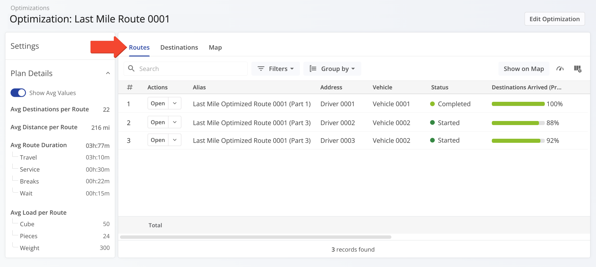 When you open an Optimization Snapshot, the Routes tab will be selected by default.