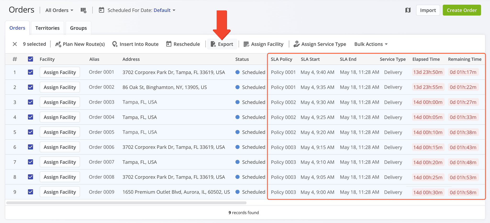 Service Level Agreement data columns have been added when exporting orders from Route4Me.