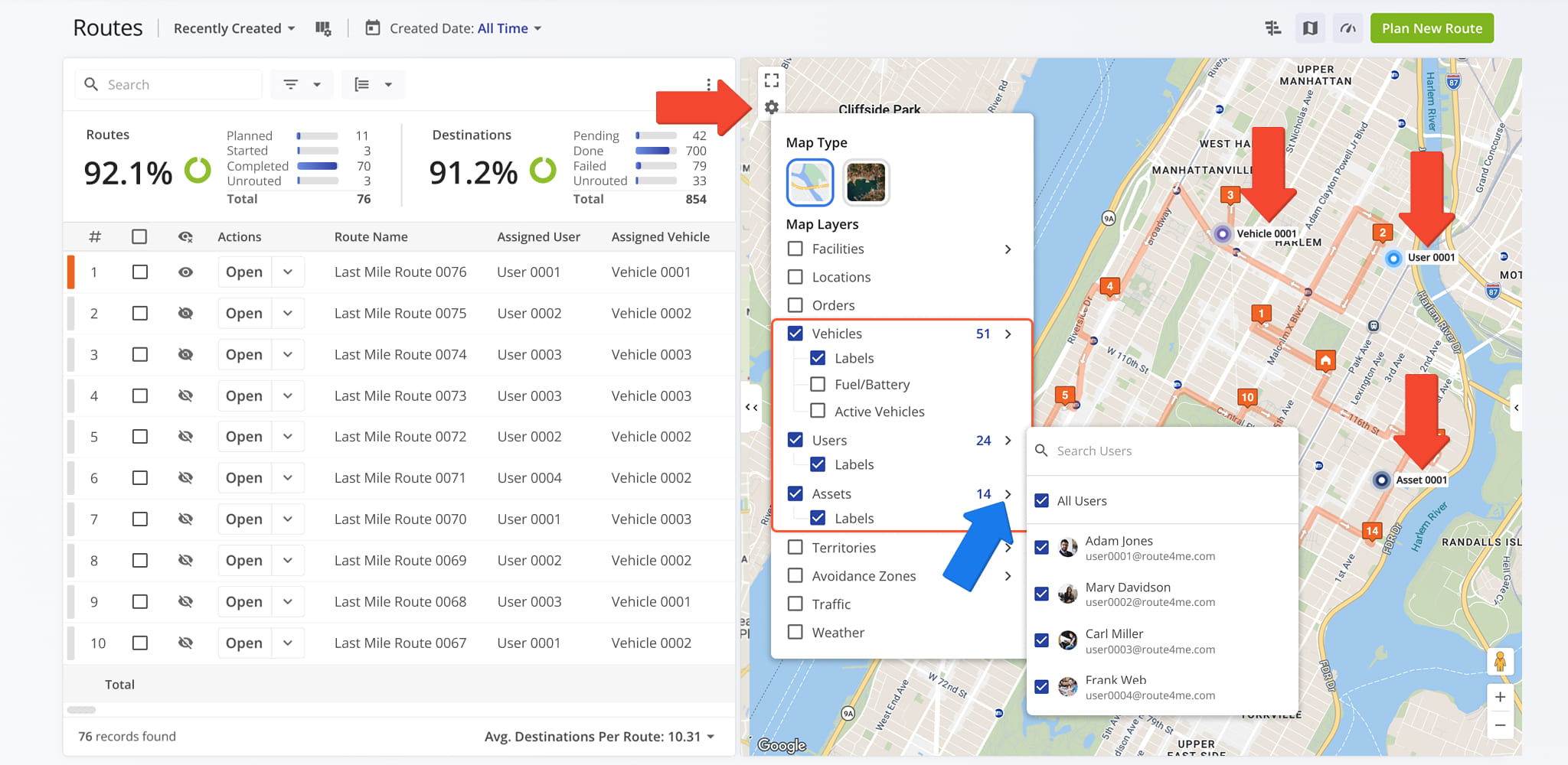 Routes Map Layers for vehicles, users, and assets give route administrators the option to view detailed labels on the routes map.