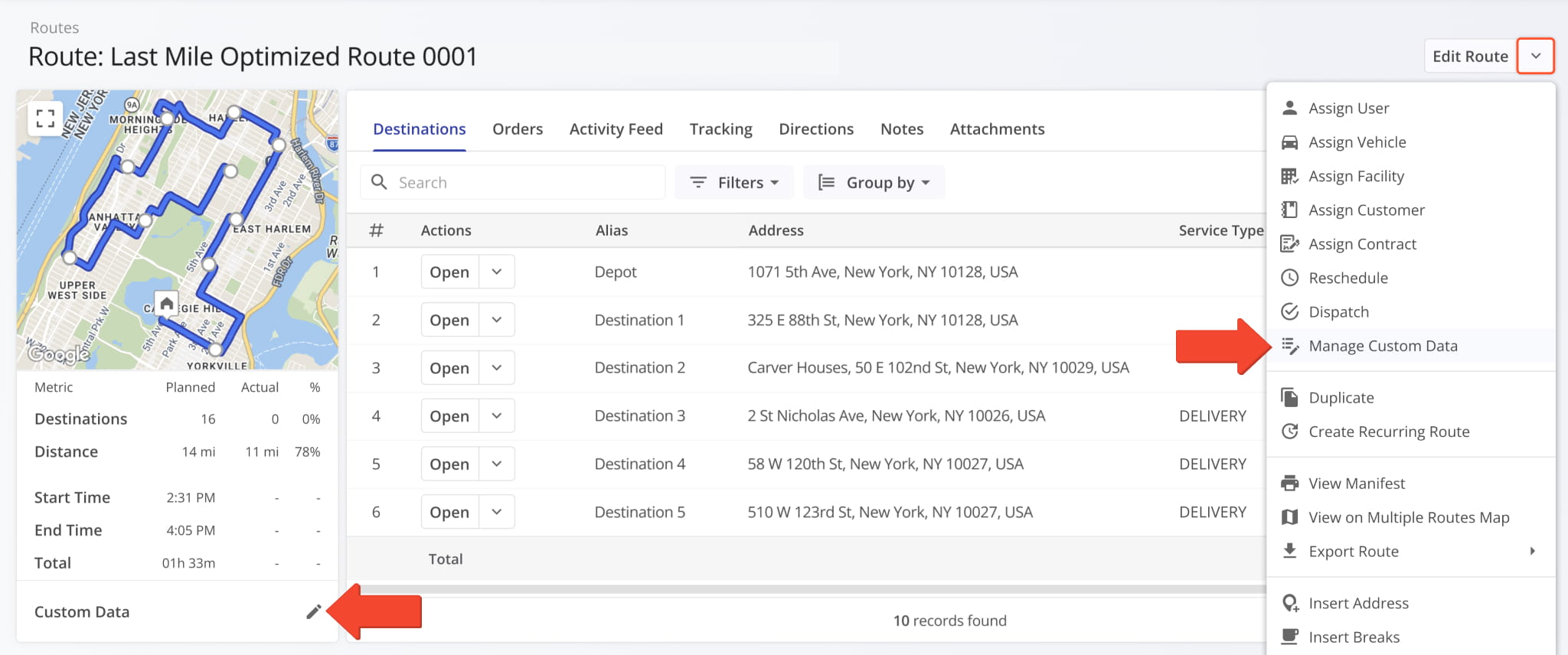You can now add and manage Custom Route Data directly from an open Route Snapshot.