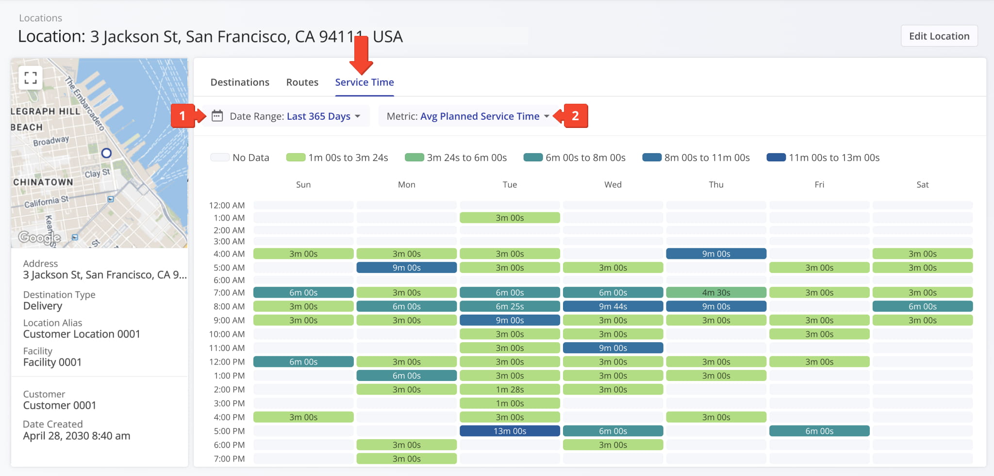The Service Time tab breaks down planned, reported, and detected service times to spot trends and performance gaps.