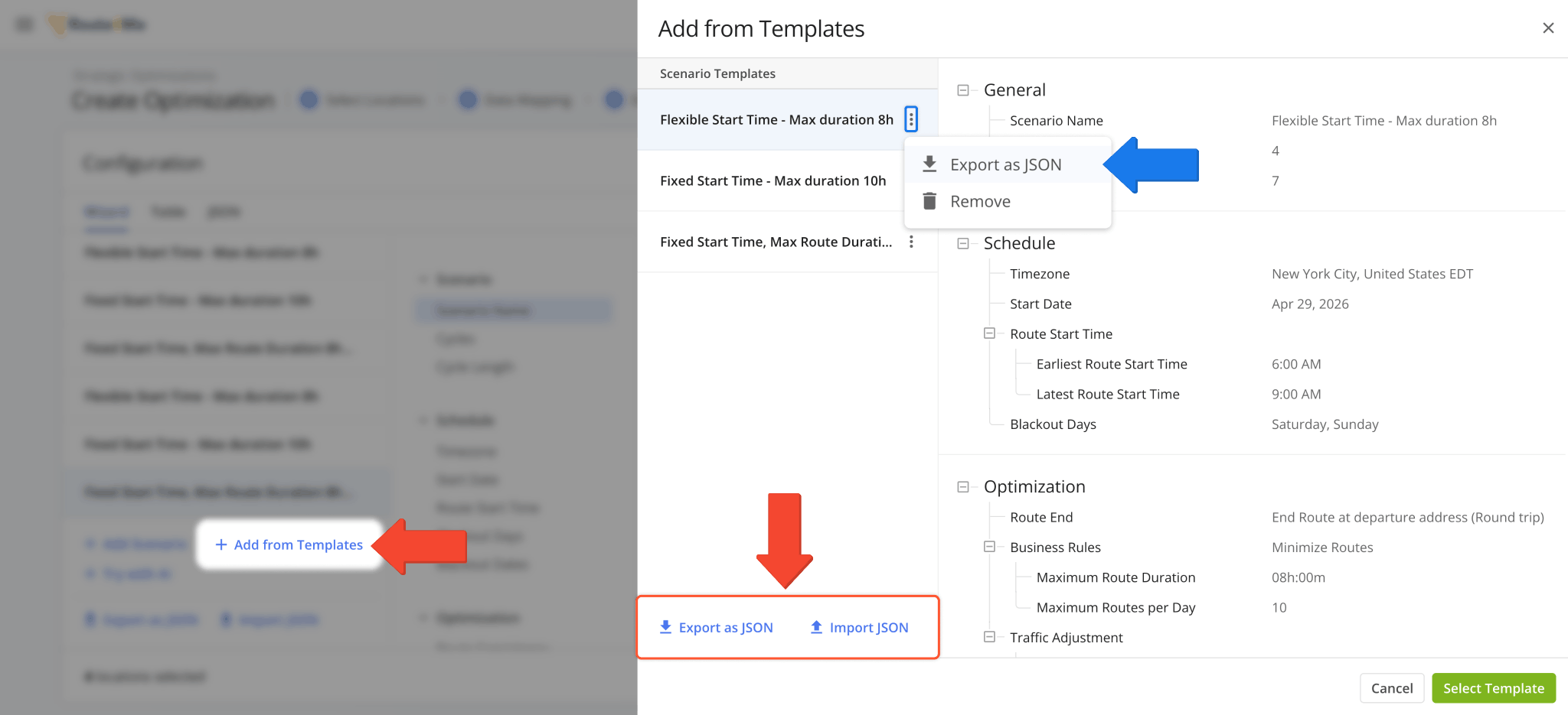 Alongside importing all templates from an exported JSON file, you can select which scenario templates to keep and remove.