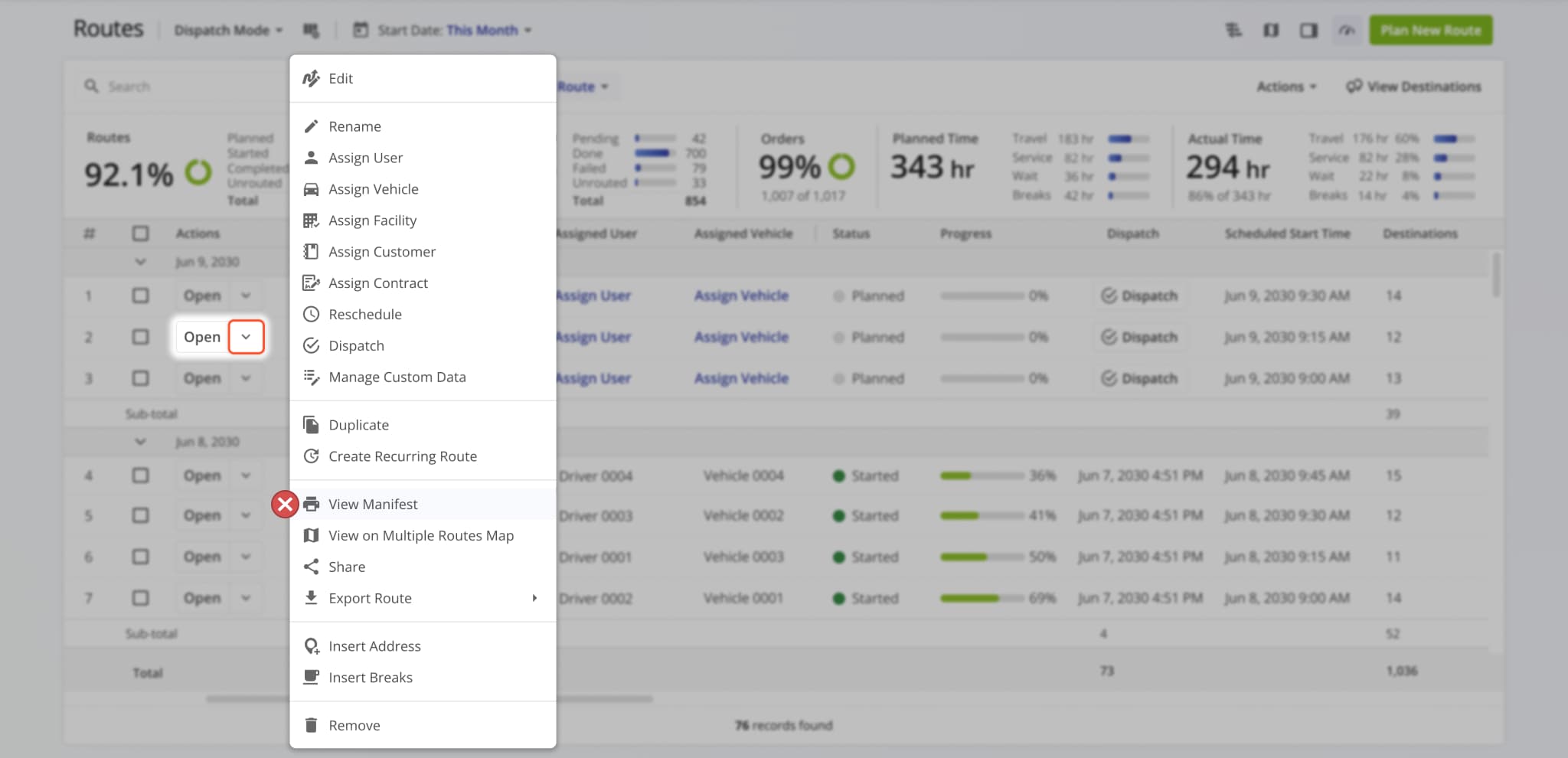 The Route Manifest page and route management action were removed from the Route4Me Transportation Management Software.