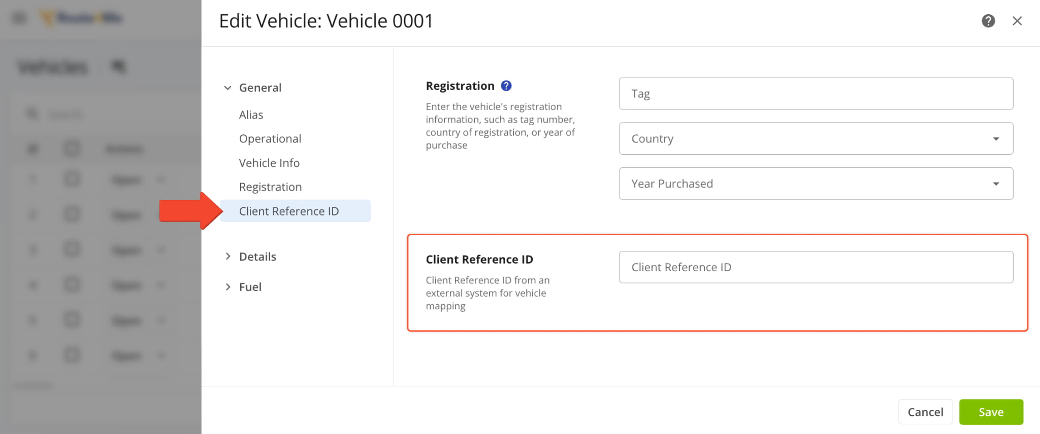 A new Client Reference ID field was added to the supported fields when adding and editing Fleet Vehicles.