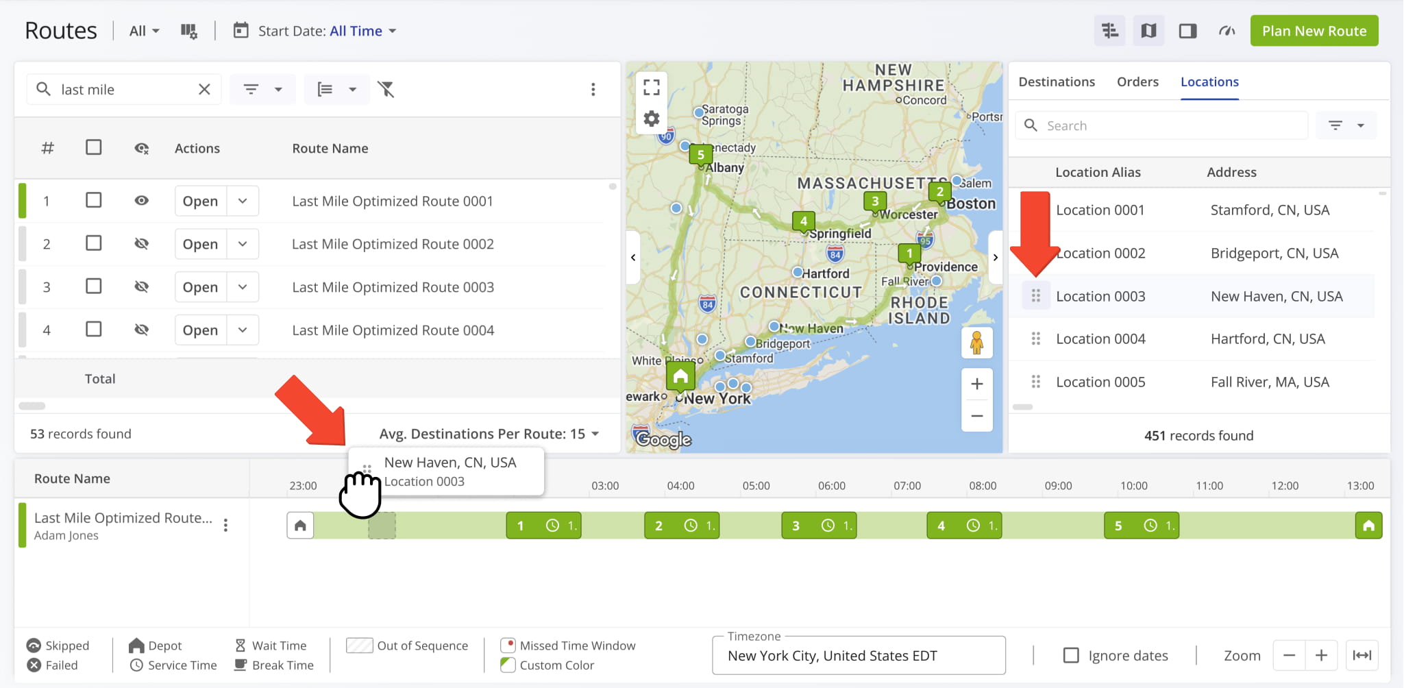 Drag any Order or Location from the list onto a route in the timeline. Route4Me will automatically add a new destination in the corresponding sequence position, calculate travel directions, and re-optimize the route.
