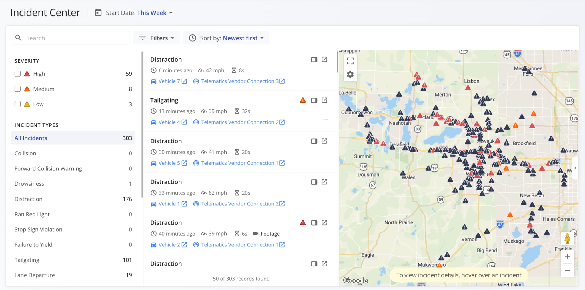 Route4Me Incidents Center with incidents filtered by severity and type, a list of recent incidents with speed, duration, and footage, and a live map of incident locations.