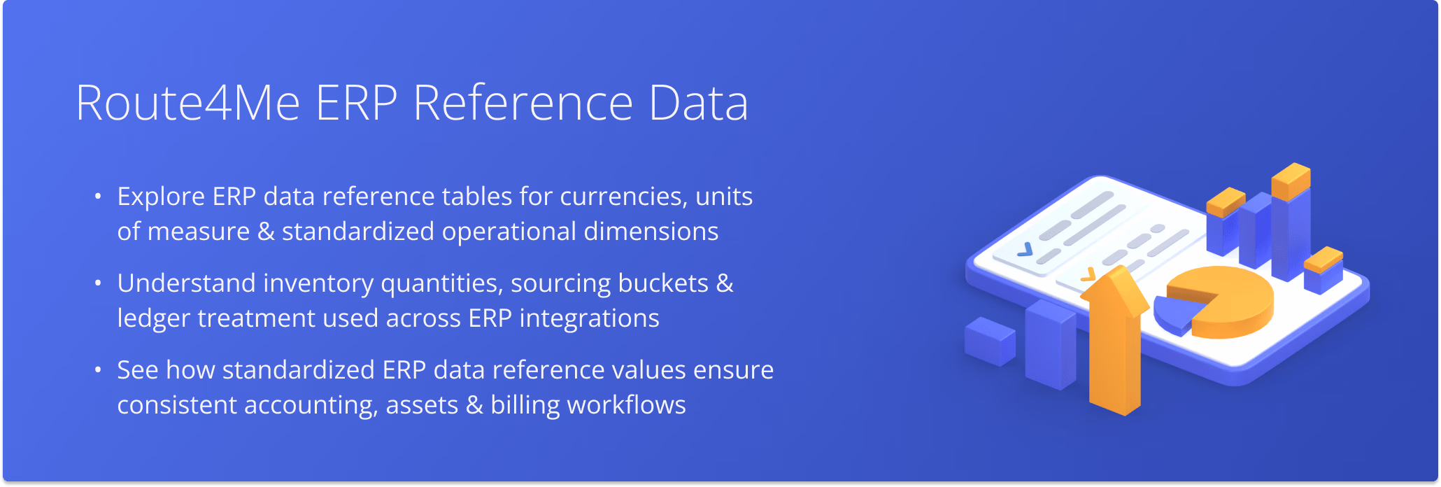 Explore Route4Me ERP reference tables for currencies, units of measure, inventory quantities, statuses, asset types, and financial entry classifications used across ERP integrations.