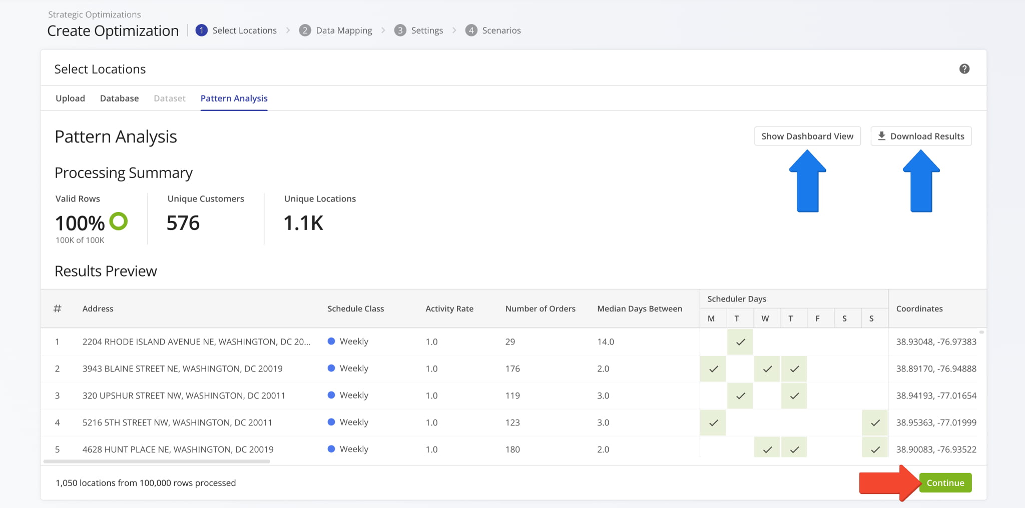 Once pattern analysis is complete, Route4Me presents a structured overview of identified delivery patterns and optimized location schedules.