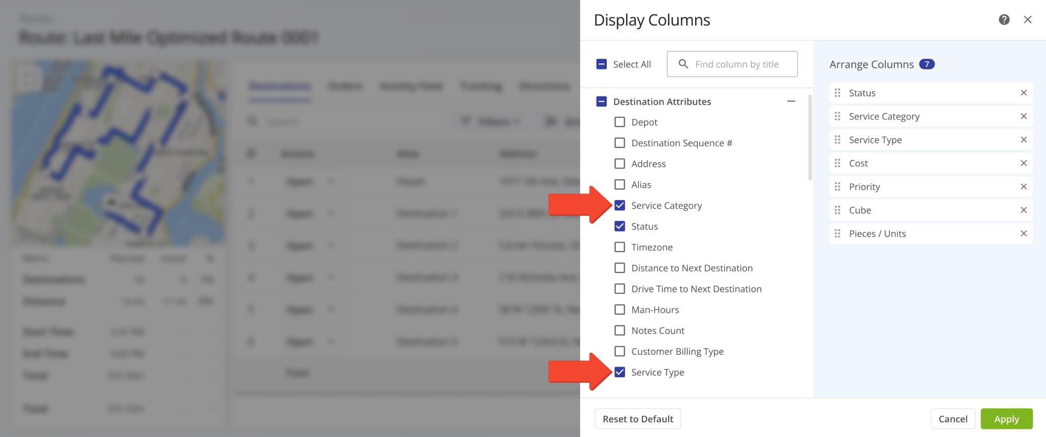 Enable Service Category and Service Type data columns in Route Snapshots.