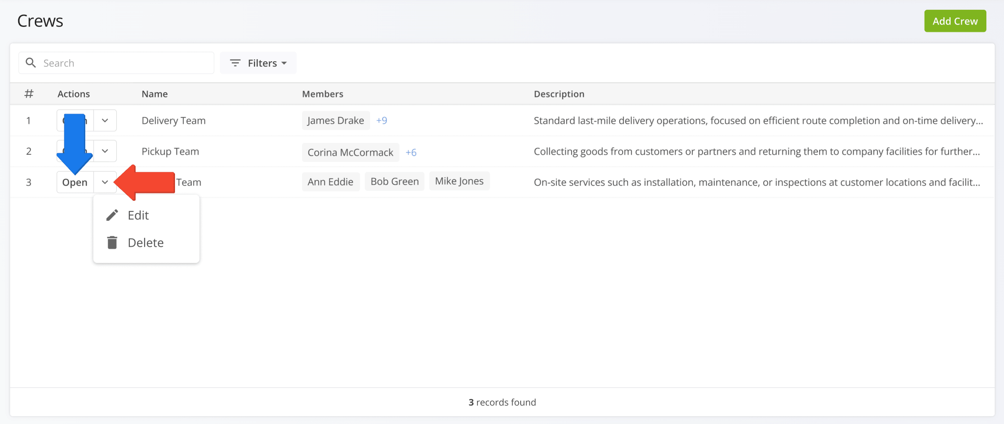 Manage, edit, and delete Crews in your Route4Me account.