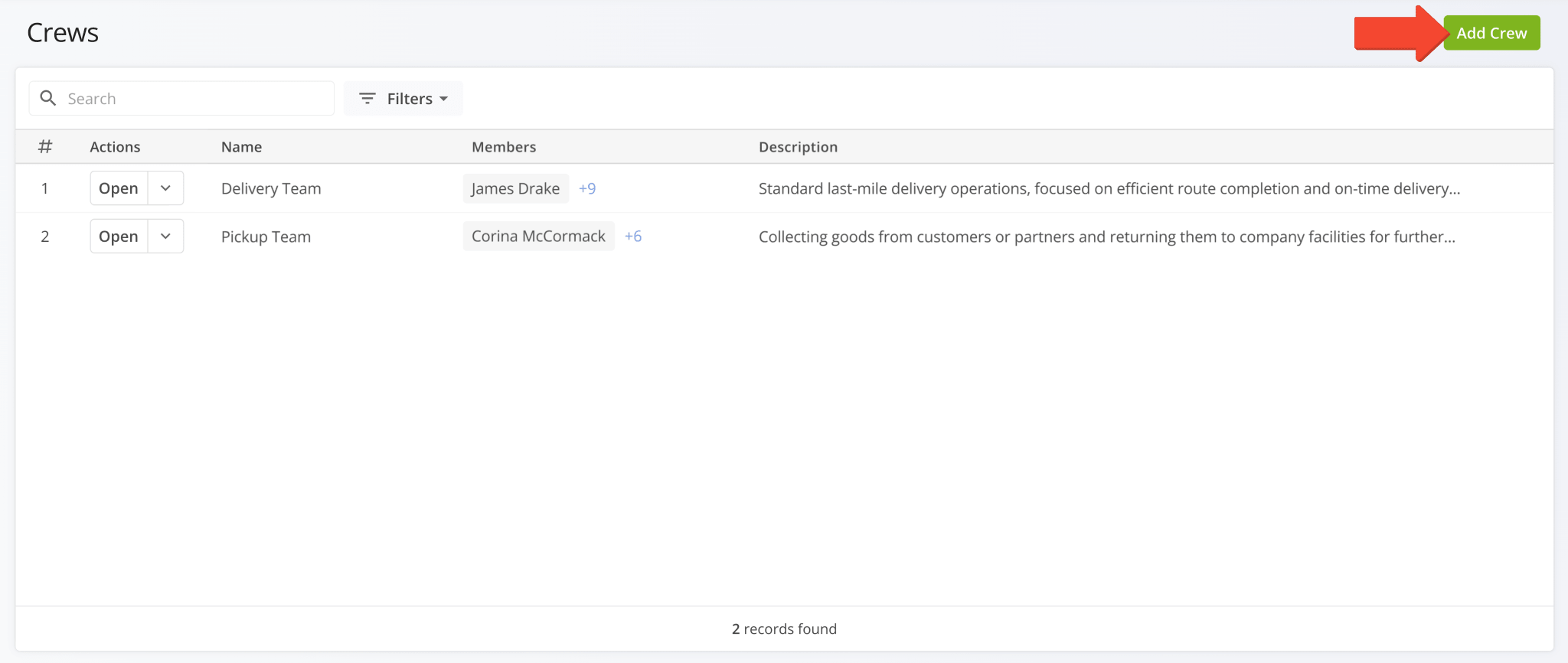 The Crews page is where you can see your delivery teams and user groups.