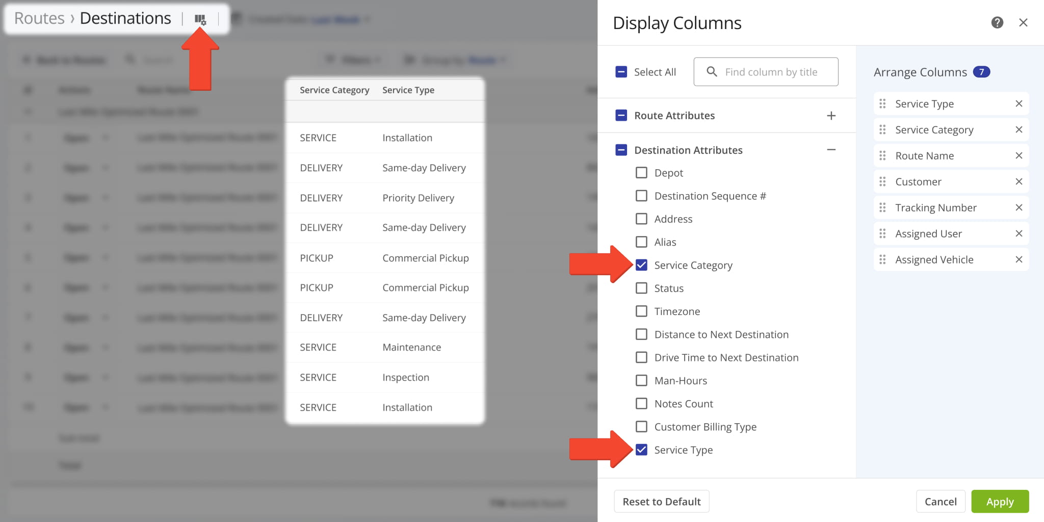 On the Destinations List, you can see the Service Category and Service Type associated with destinations.