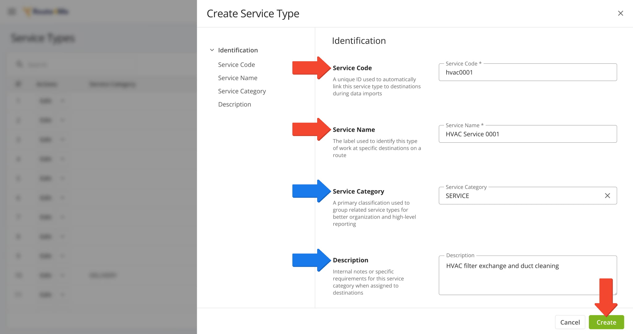 Service Type settings, codes, and descriptions.