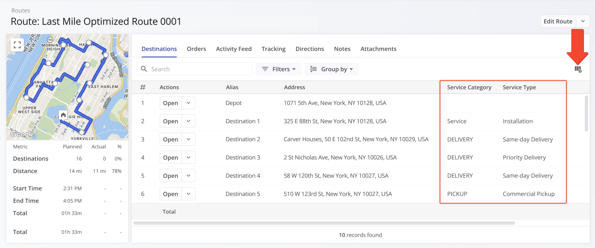 In Route Snapshots, Service Categories and Service Types are available as data columns.
